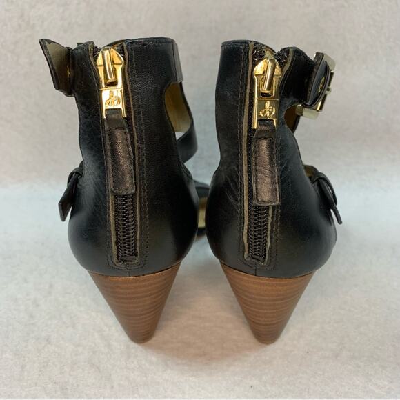 SAM EDELMAN Suzanna Leather Peep Toe Wedge Sandal Sz 8 Double Buckle Straps - Picture 7 of 13
